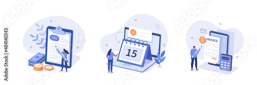 Tax time illustration set. Characters preparing documents for tax calculation, making income tax return and calculating business invoices. Taxation concept. Vector illustration.
