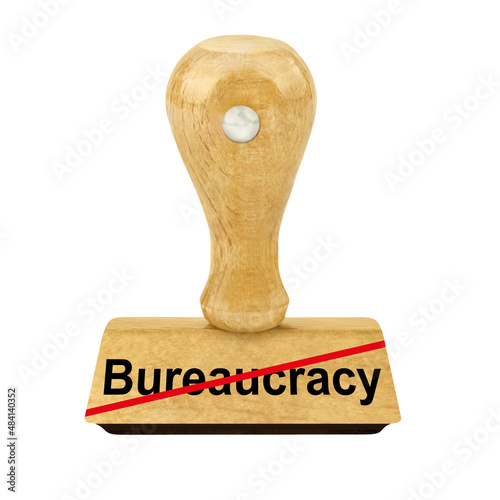 Wooden stamp and Bureaucracy isolated against white background