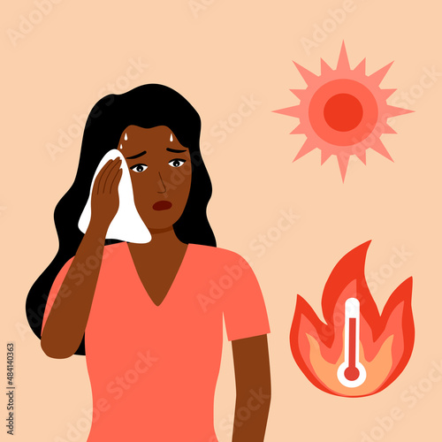 African woman suffering from heat and sweaty dehydration with thermometer and strong sunlight in flat design. Hot climate in summer.