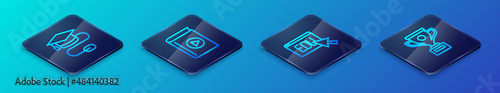 Set Isometric line Online education, Graduation cap with mouse, Award cup and Audio book icon. Vector