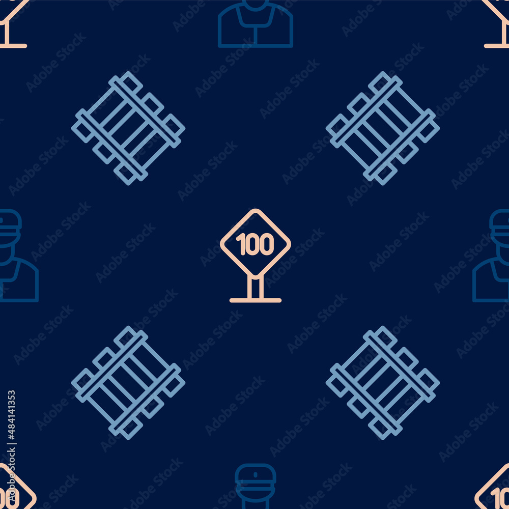 Set line Train conductor, Railway, railroad track and Speed limit traffic sign 100 km on seamless pattern. Vector Set line Train conductor, Railway, railroad track and Speed limit traffic sign 100 km on seamless pattern. Vector