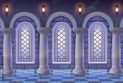 Medieval castle room with stained glass windows, columns marble floor and stone wall. Interior of ancient Palace. Vector illustration of cartoon corridor.