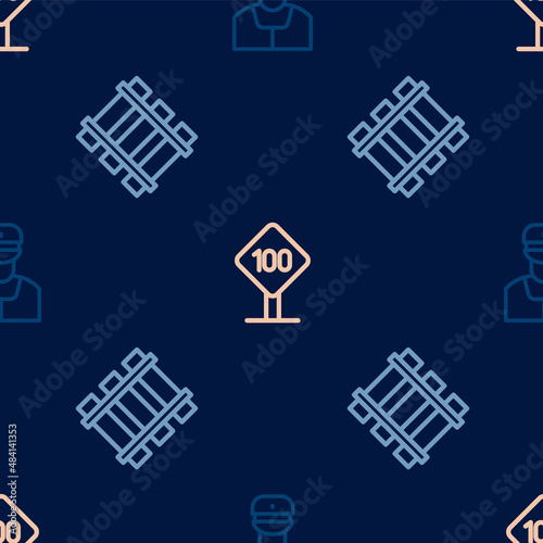 Set line Train conductor, Railway, railroad track and Speed limit traffic sign 100 km on seamless pattern. Vector