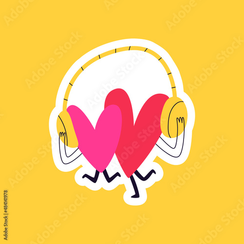 Drawn sticker doodle hearts in some headphones. Hearts in love, hugging each other, listening to music and dancing on a yellow background. Valentine's day cartoon sticker vector illustration.