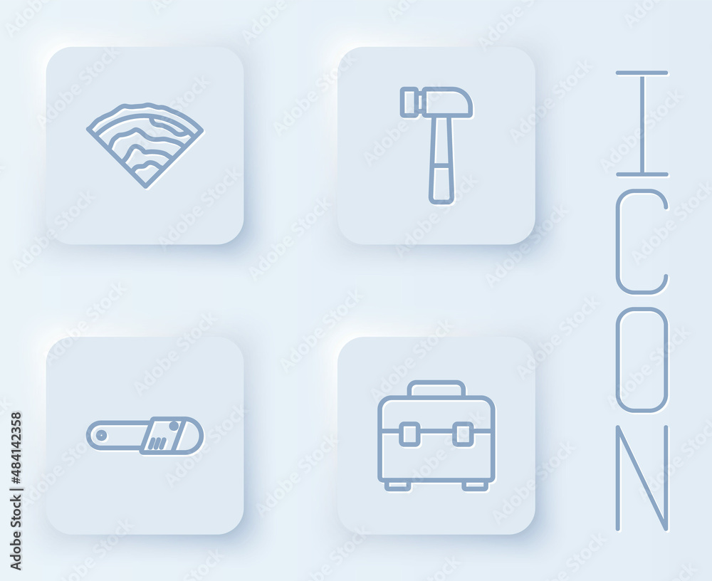 Set line Wooden beam, Hammer, Chainsaw and Toolbox. White square button. Vector