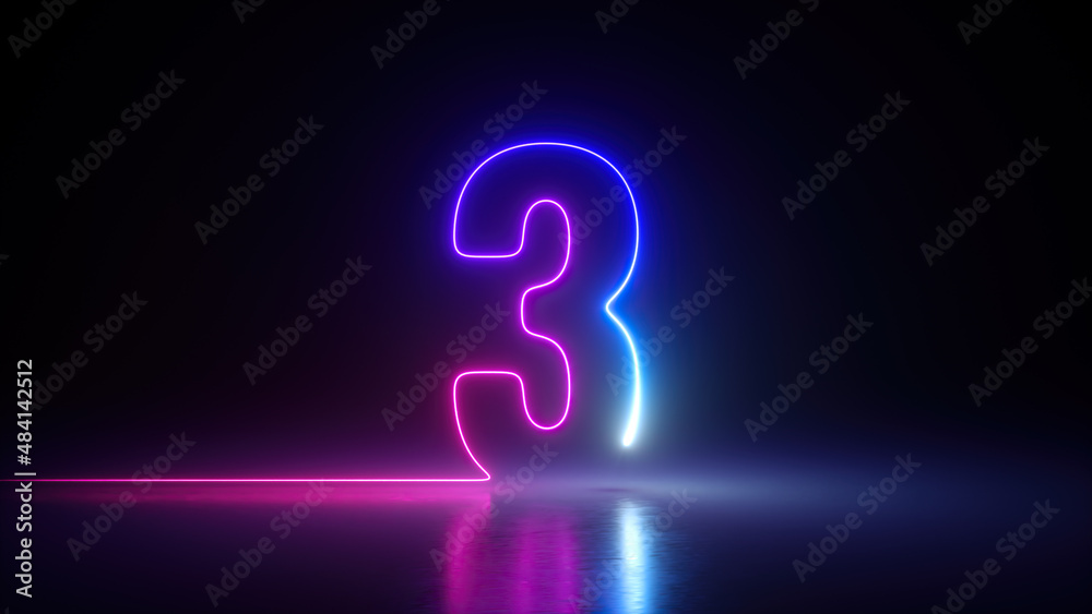 3d render, neon number three glowing in the dark with ultraviolet light, pink blue gradient laser ray - obrazy, fototapety, plakaty 