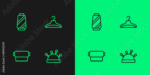 Set line Needle bed and needles, Textile fabric roll, Sewing thread on spool and Hanger wardrobe icon. Vector