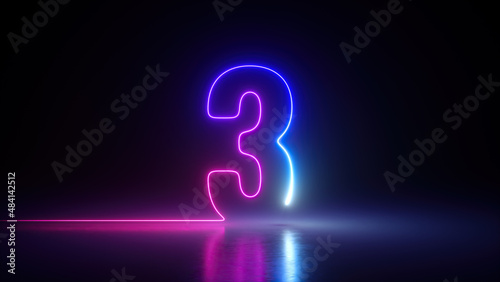 3d render, neon number three glowing in the dark with ultraviolet light, pink blue gradient laser ray photo