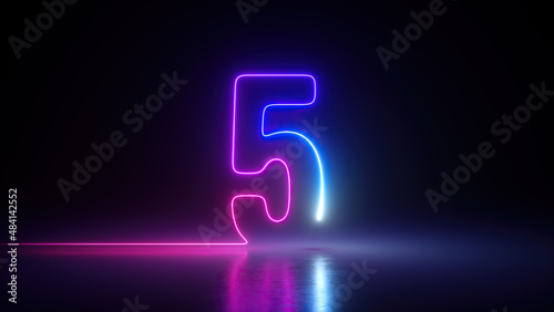 Bild auf Leinwand 3d render, neon number five glowing in the dark with ultraviolet light, pink blu