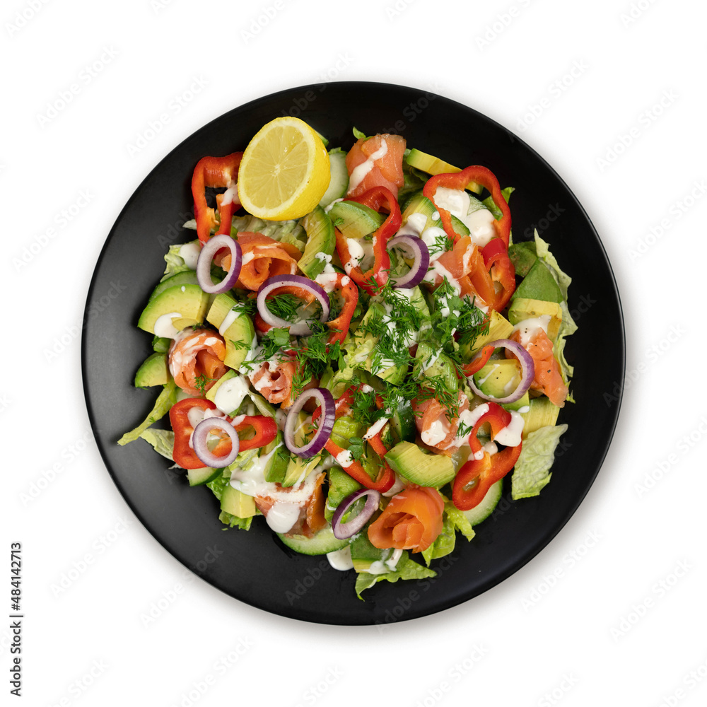 Vegetable salad with smoked salmon and fresh vegetables isolated on white.