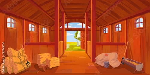 Cartoon farm stable or barn interior, vector haystack and hayloft. Barn interior of ranch or farmhouse with wooden walls, horse stalls, hay or straw, feed trough, sacks, open gate and farmer tools photo