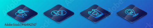 Set Isometric line Calendar with tooth, Broken, Dental clinic location and Toothache painkiller tablet icon. Vector