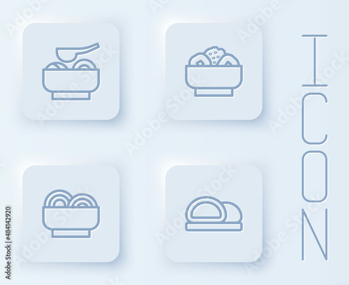 Set line Ramen soup bowl, Chow mein on plate, Asian noodles and Sushi. White square button. Vector