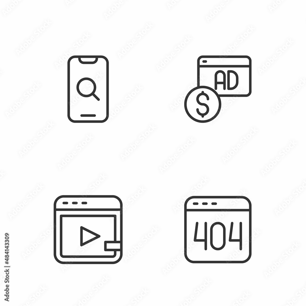 Set line Page with a 404 error, Video advertising, Magnifying glass and mobile and Advertising icon. Vector Set line Page with a 404 error, Video advertising, Magnifying glass and mobile and Advertising icon. Vector