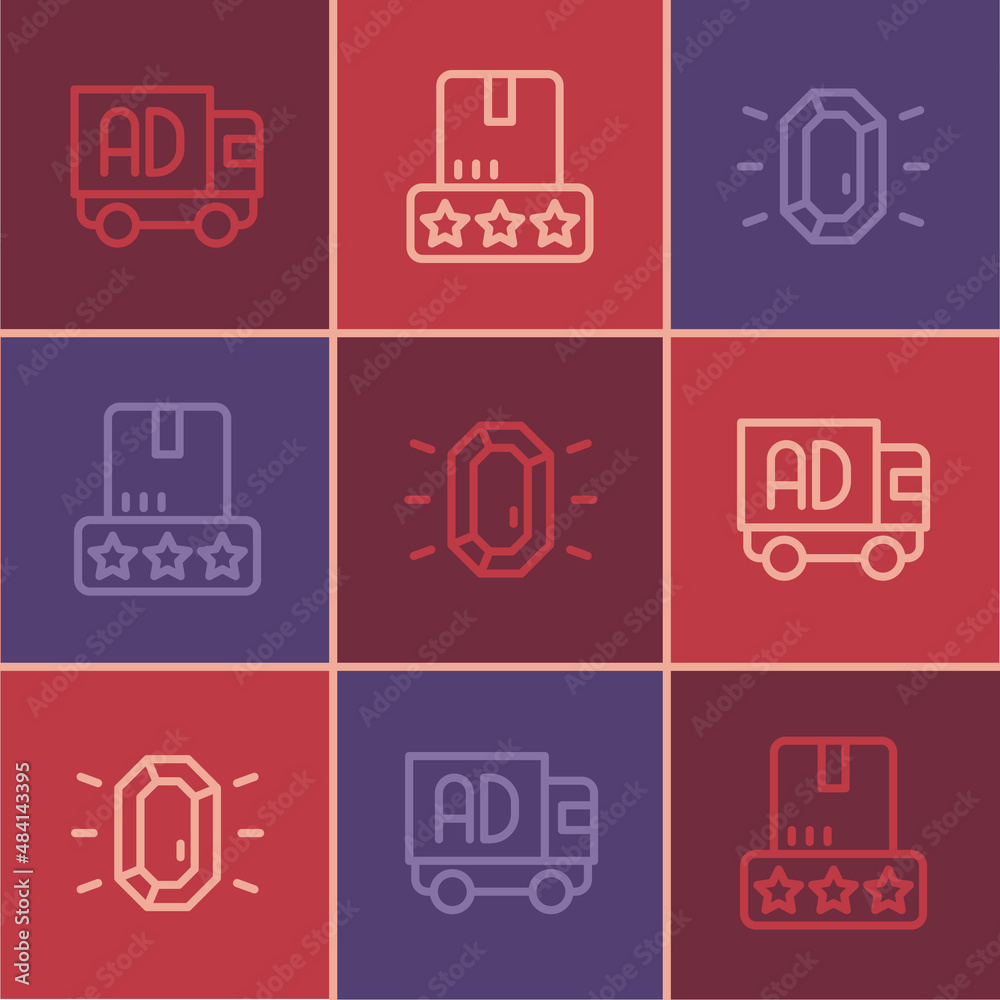 Set line Advertising on truck, Diamond and Consumer product rating icon. Vector Set line Advertising on truck, Diamond and Consumer product rating icon. Vector