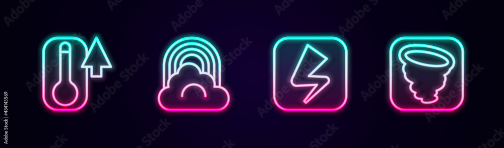 Set line Thermometer, Rainbow with cloud, Lightning bolt and Tornado. Glowing neon icon. Vector Set line Thermometer, Rainbow with cloud, Lightning bolt and Tornado. Glowing neon icon. Vector