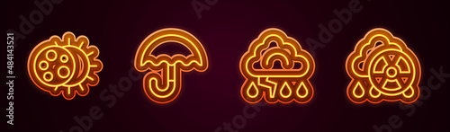 Set line Eclipse of the sun, Umbrella, Cloud and lightning and Acid rain radioactive cloud. Glowing neon icon. Vector