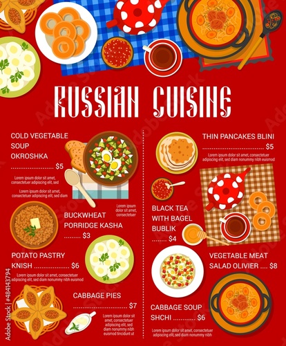 Russian cuisine menu with food of Russia, soup okroshka and blini pancakes, vector. Russian cuisine restaurant lunch and national kitchen dishes, porridge kasha, potato pastry and cabbage soup shchi