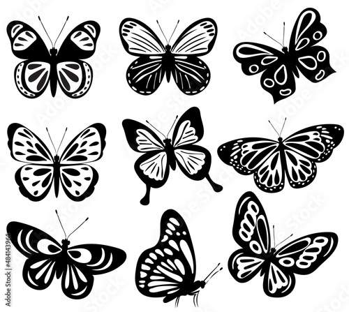 butterflies set silhouette ,on white background, vector