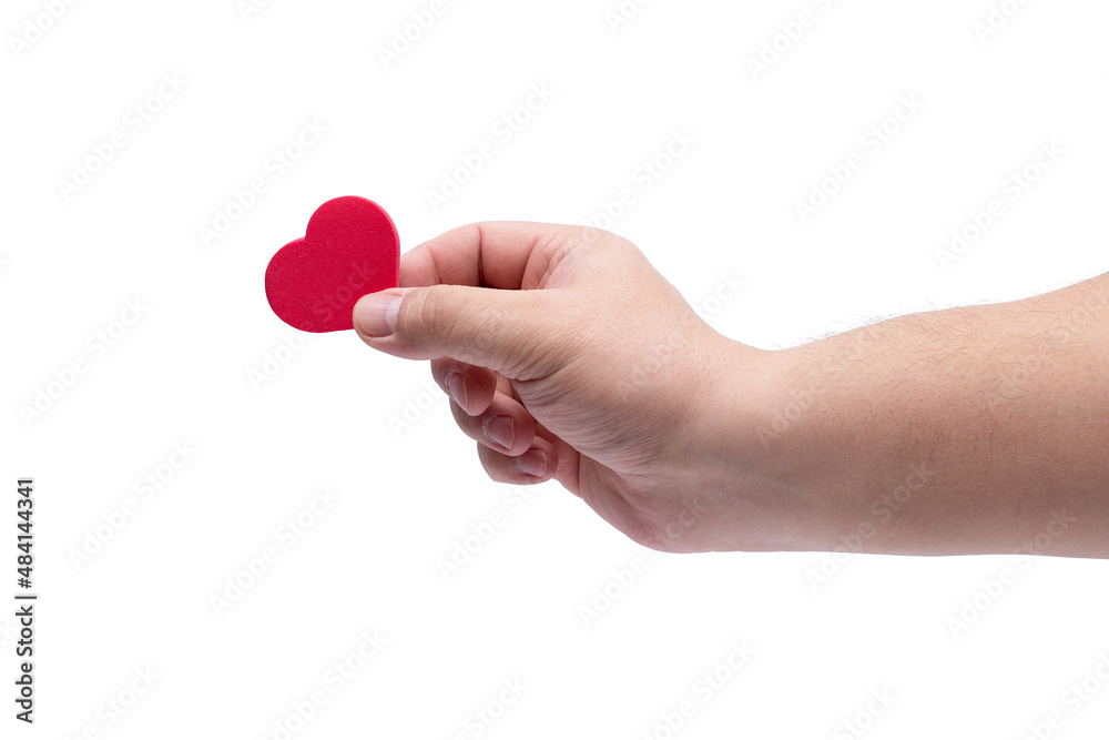 Obraz premium A man's hand holds a red heart isolated on a white background.