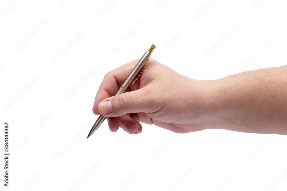 A man's hand and a ballpoint pen isolated on a white background. A man's hand and a ballpoint pen isolated on a white background.