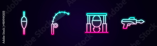 Set line Fishing float, rod, Campfire and pot and harpoon. Glowing neon icon. Vector