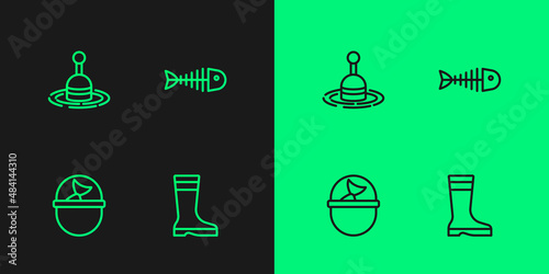Set line Fishing boots, bucket with fish, float water and skeleton icon. Vector