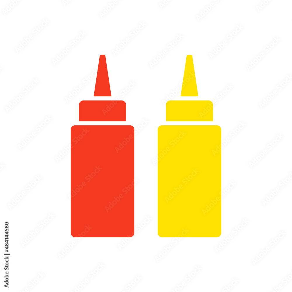 Botes de salsa mostaza y ketchup. Salsa picante envasada en botella de plástico. Icono plano en color amarillo y color rojo Botes de salsa mostaza y ketchup. Salsa picante envasada en botella de plástico. Icono plano en color amarillo y color rojo