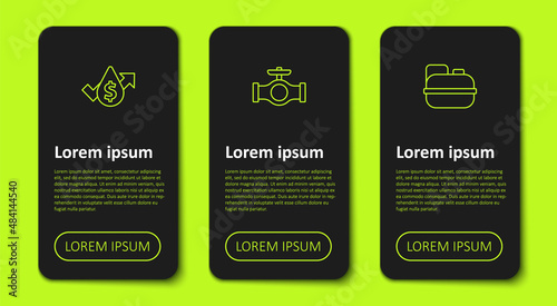 Set line Oil price increase, pipe with valve and Canister for gasoline. Business infographic template. Vector