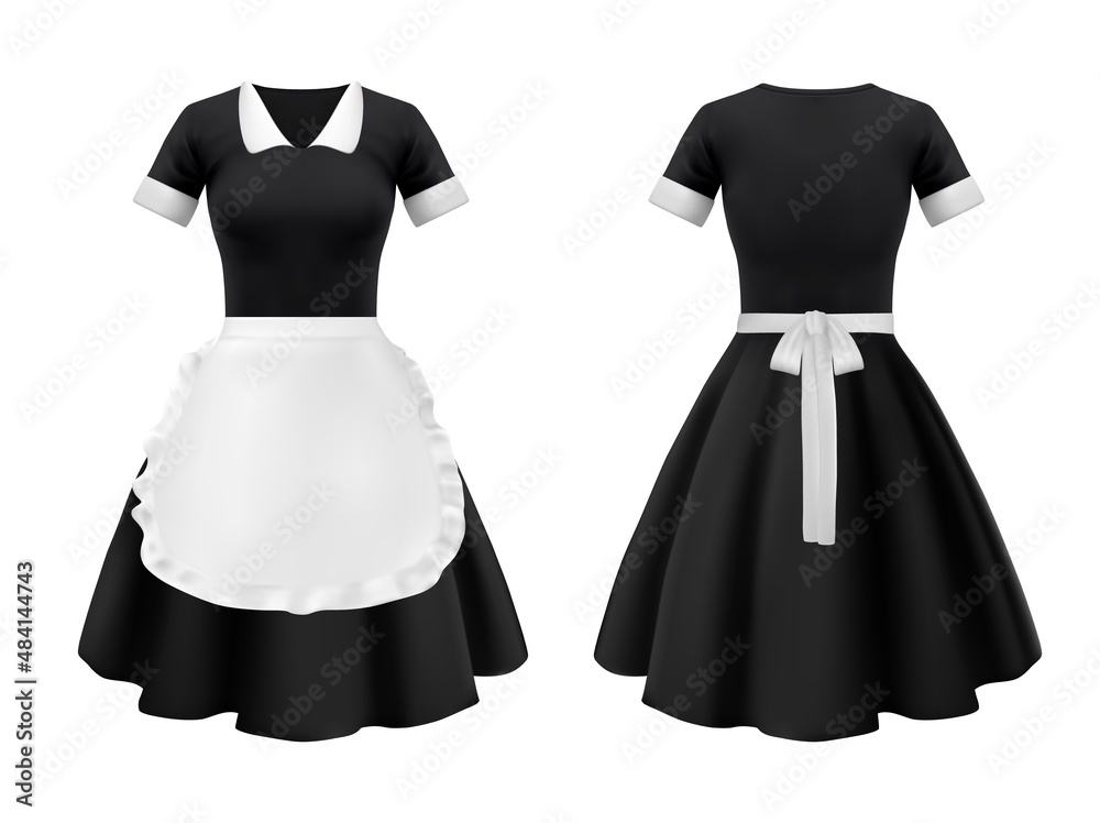 Vecteur Stock Maid and waitress uniform, hotel and house worker dress  clothes. Vector isolated black dress with bell skirt and white apron with  ruffle, realistic french maid outfit or housekeeping uniform