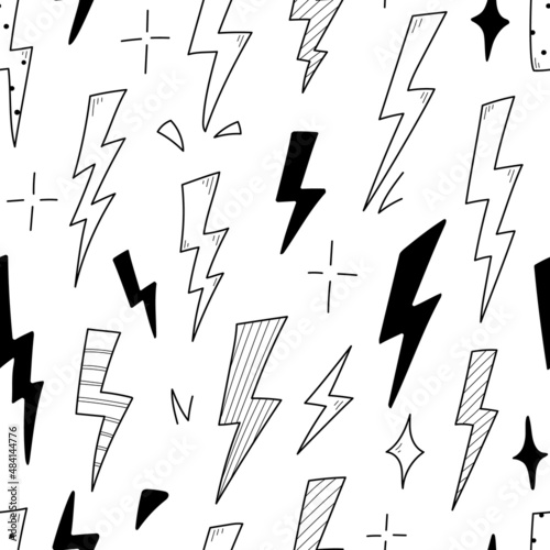 Lightning doodle thunderbolt seamless pattern. Hand drawn doodle sketch style. Electric flash energy bolt background. Vector illustration.