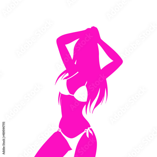 Traje de baño. Moda de verano. Icono plano con silueta de mujer con bikini en espacio negativo en color rosa