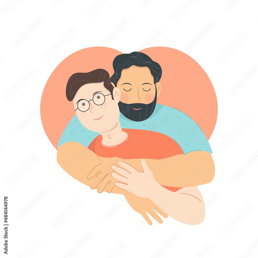 Couple of two men hugging. Couple Gay in love. Male best friends embracing and supporting each other.
Flat vector cartoon illustration isolated on white background