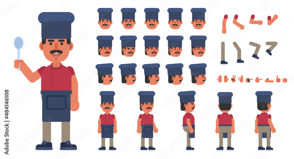 Chef cook creation kit. Create your own pose, action, animation. Modern vector illustration