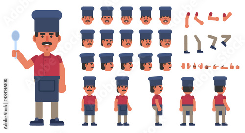 Chef cook creation kit. Create your own pose, action, animation. Modern vector illustration