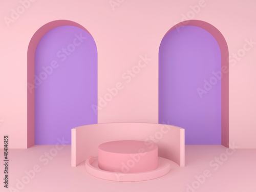 Abstract minimal geometric background; simple clean arched design with cylindrical podium; minimalist mockup; primitive light pink shapes; wall niche; blank space; 3d rendering, 3d illustration