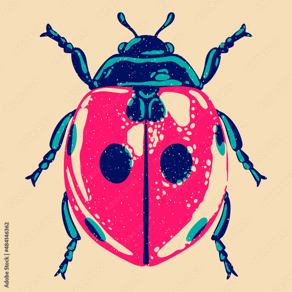 Ladybug. Colorful cute screen printing effect. Riso print effect. Vector illustration. Graphic element  for fabric, textile, clothing, wrapping paper, wallpaper