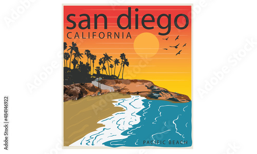 San diego graphic print design for t shirt. California beach artwork for  apparel, sticker, poster and other uses.