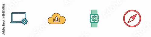 Free Download Set Laptop and gear, Cloud upload, Smartwatch setting and Wind rose icon. Vector - GFXLoad
