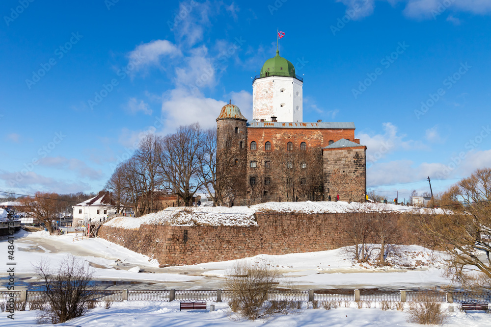 Winter landscape with Vyborg Castle on a sunny day