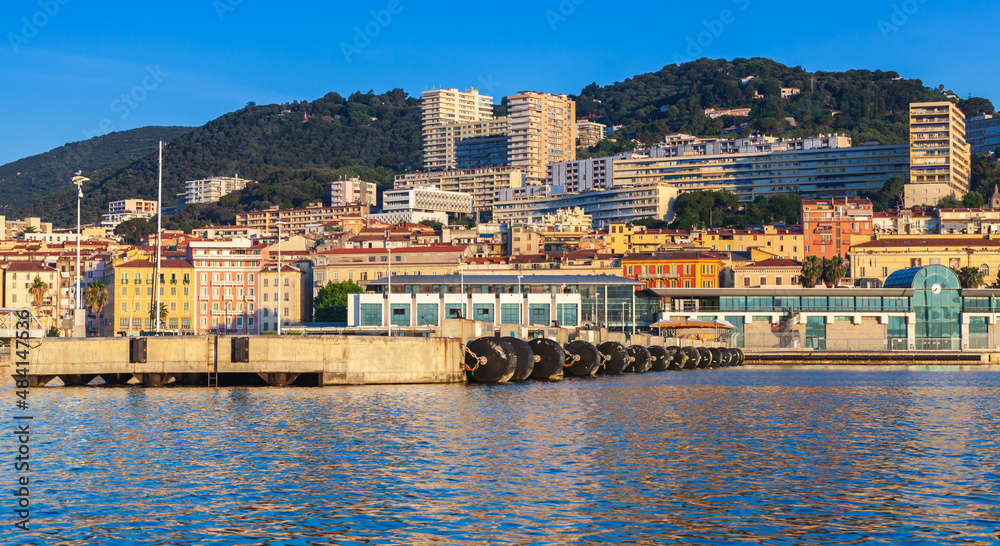 Port of Ajaccio, passenger terminals, seaside view. Corsica