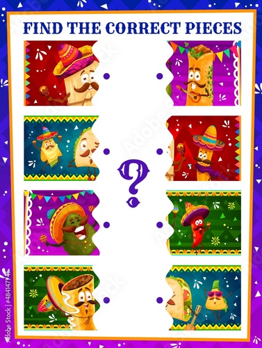 Find correct pieces of cartoon mexican tacos, avocado enchiladas , tamales funny characters. Kids jigsaw puzzle riddle vector worksheet or child logical game with matching activity and mexican meals