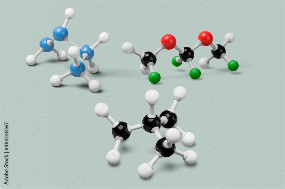 Picture of different greenhouse gases made by molecular model on the background. Chemical