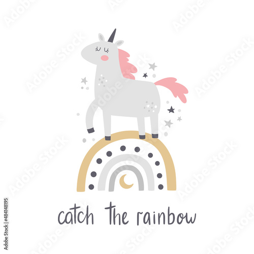vector image of unicorn standing on boho rainbow