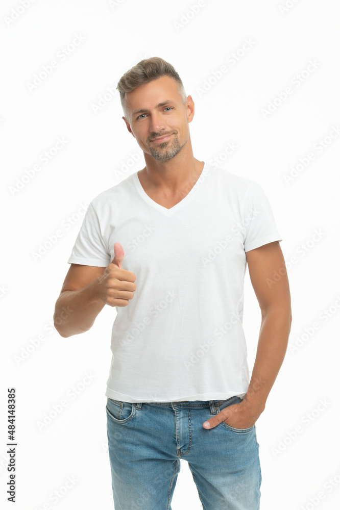 I put my thumb for you. Happy man give thumb. Handsome man show approval sign I put my thumb for you. Happy man give thumb. Handsome man show approval sign