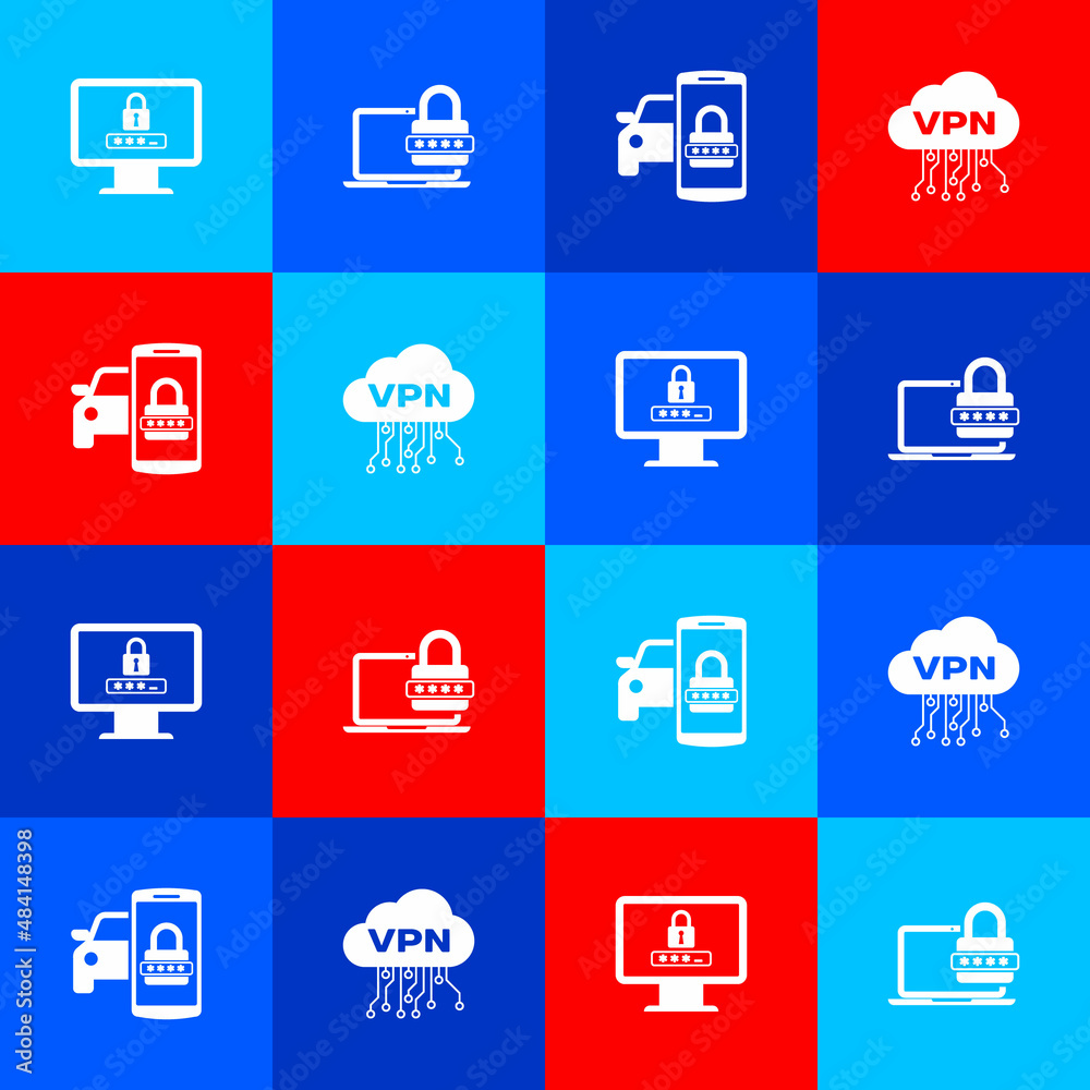 Set Monitor with password, Laptop, Smart car security system and Cloud VPN interface icon. Vector Set Monitor with password, Laptop, Smart car security system and Cloud VPN interface icon. Vector
