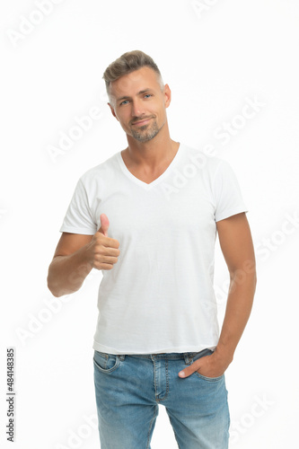 I put my thumb for you. Happy man give thumb. Handsome man show approval sign