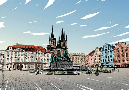 Prague city hand drawn sketch. European city, vector illustration
