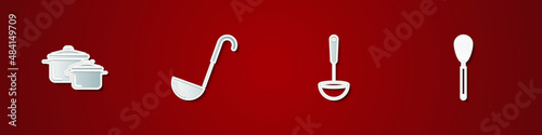 Set Cooking pot, Kitchen ladle, and whisk icon. Vector
