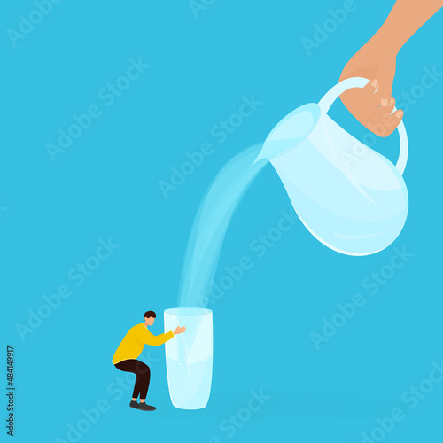 hand holding a carafe of water pours into a glass. A Person Drinks Water. Vector illustration in a flat style of the concept of a healthy lifestyle and water balance in the body